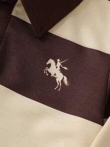 SHEIN Explorewe 小男孩條紋對比色學院領針織休閒寬鬆復古美式長袖 Polo 衫，適合校園與日常穿著 - 咖啡棕 - 查看 6