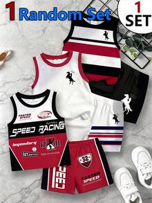 SHEIN Playful Pals 1 Random Set, Young Boy Casual Minimalist Striped Logo Graphic Print Tank Top & Logo Graphic Print Shorts Outfit, Suitable - Multicolor - View 1