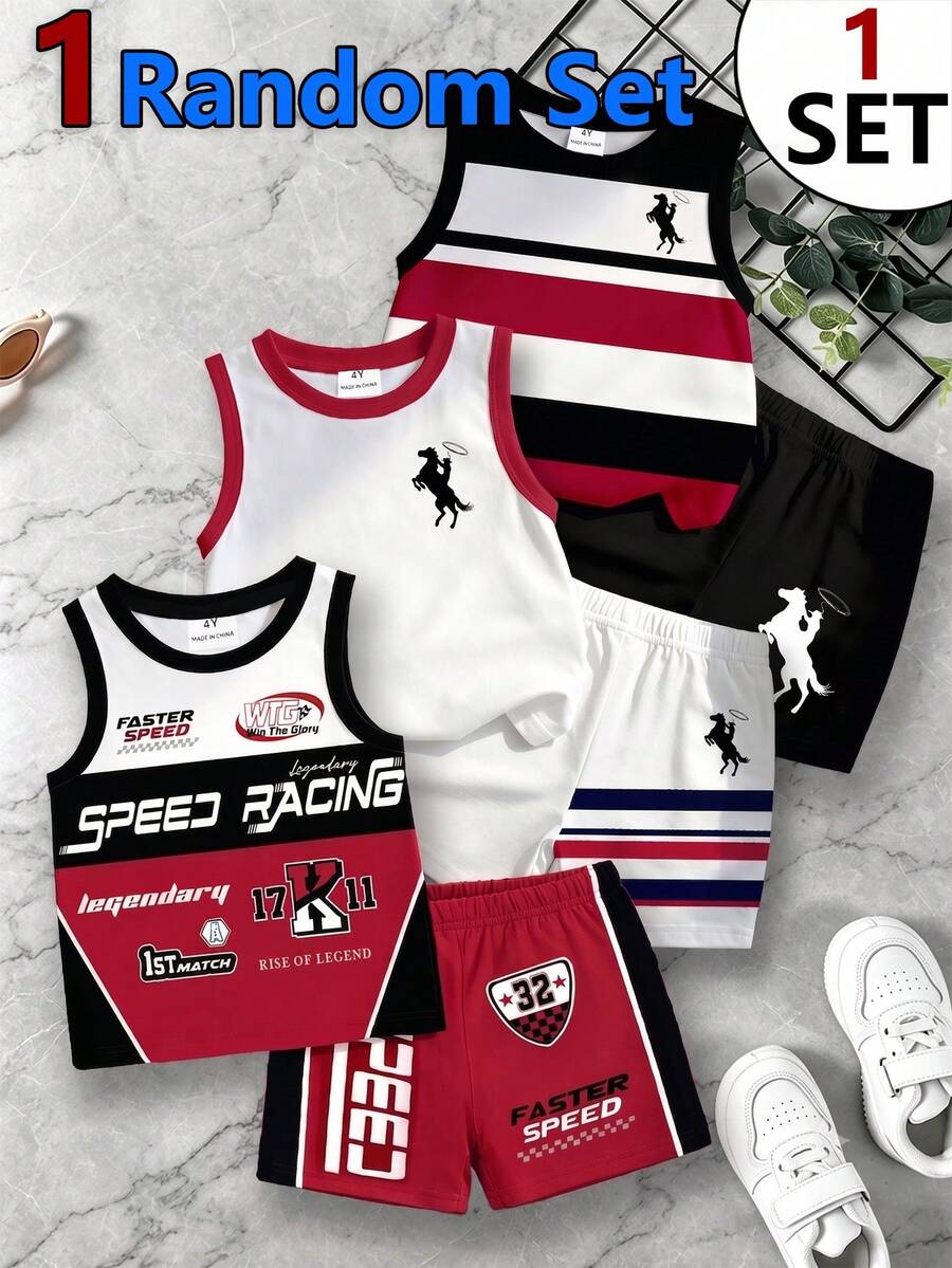 SHEIN Playful Pals 1 Random Set, Young Boy Casual Minimalist Striped Logo Graphic Print Tank Top & Logo Graphic Print Shorts Outfit, Suitable - Multicolor - View 1