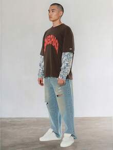 FORM&CHAOS Men's Patchwork Long Sleeve Crew Neck Camouflage Sleeve Vintage Print T-Shirt - Multicolor - View 3