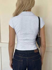 SHEIN EZwear 女款休閒條紋襯衫，夏季 - 白色 - 查看 2