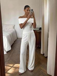 Livesso 2pcs/Set Off-White Ribbed Knit Open Shoulder Short Sleeve Fitted Top With Drawstring Wide Leg Long Pants Autumn Brunch Lounge Casual - White - View 3