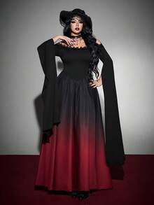 Whyspr Elegant Off Shoulder Gradient Lace Trim Patchwork Plus Size Dress, Dark Style Halloween Outfit, Elegant Gradient Color Dress Halloween Goth Fall - Black - View 4