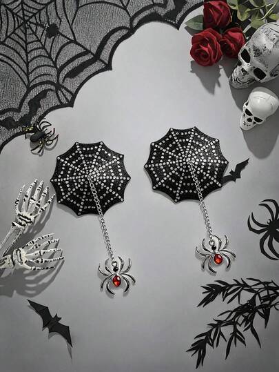 AltCore 2 piezas Colgante de araña 3D con telaraña y strass, cadena de metal, divertido y brillante para Halloween, fiesta, bar y festival de música, pegatina para el pecho de mujer y parche anti-rozaduras absorbente de sudor