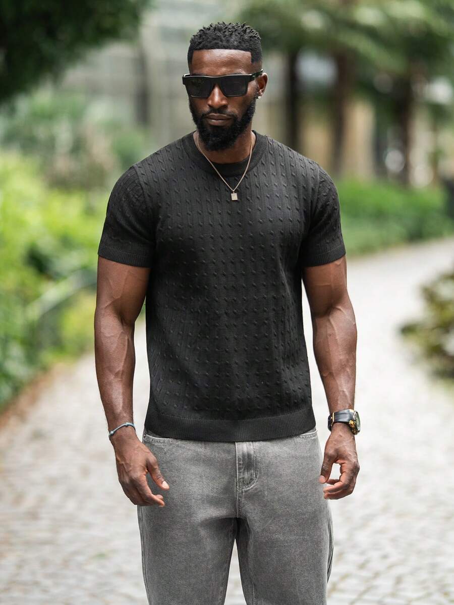 thenoahjr thenoahjr Men's Solid Color Knitted Short Sleeve Top - Black - View 1