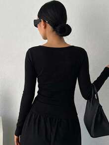 DAZY Women's Solid Color Minimalist Slim Fit Long Sleeve Base Layer T-Shirt, Versatile For Daily Wear - Black - View 3