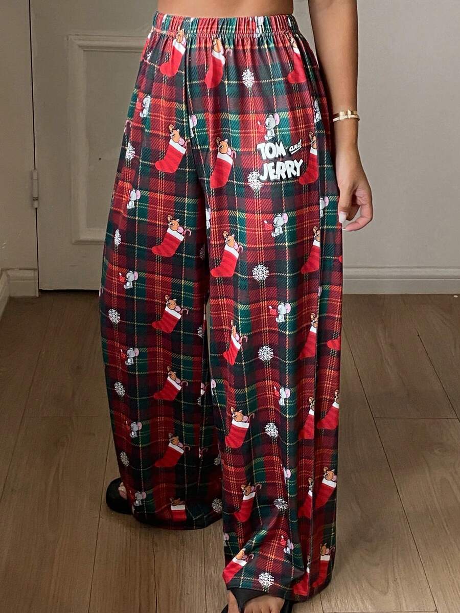 TOM AND JERRY X DAZY Autumn/Winter Christmas Theme Plaid Cartoon Pattern Loose Women's Pajama Pants - Red - View 1