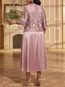 Fleurora Elegant Plus-Size Two Pieces Set: Jacquard Open-Front Cardigan With Mid-Length Sleeves And Matching Dress Birthday Dress Pink Dress Date Night Dress - Dusty Pink - View 3