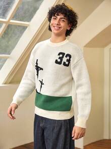 Whitmere ANDREILEE Sweater Pullover Pria Kasual Longgar Warna Polos dengan Pola Angka & Huruf Inggris, Serbaguna untuk Berpergian, Musim Gugur/Dingin - Aprikot - View 5