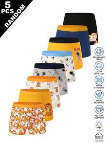 SHEIN Random 5pcs Cartoon Lion & Space Astronaut Print Comfortable Soft Square Leg Briefs For Young Boys - Multicolor - View 5