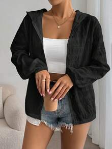 SHEIN Essnce 女款純色極簡休閒日常連帽黑色外套，秋冬款 - 黑色 - 查看 7