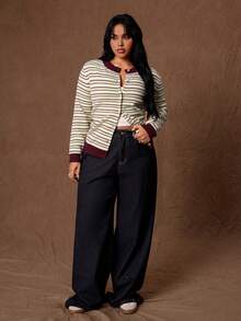 Rustia Cardigan Kasual Serbaguna Wanita Ukuran Plus Motif Garis-Garis Blok Warna untuk Aktivitas Sehari-hari di Musim Dingin - MultiWarna - View 5