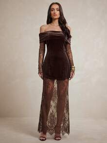 Silquee An Elegant French-Style Women's Workwear Set, Featuring A Coffee-Colored, Waist-Cinching A-Line Top And A Lace Skirt.Suitable For Daily Commuting And - Brown - View 5