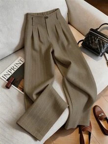 Franclia Quần kẻ sọc bằng vải lanh mới, phong cách thường ngày, đa năng. - Màu Khaki - Xem 1