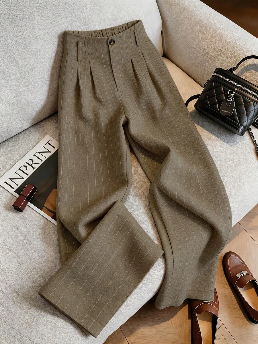 Franclia Quần kẻ sọc bằng vải lanh mới, phong cách thường ngày, đa năng. - Màu Khaki - Xem 1