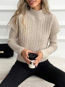 SHEIN PariChic Autumn/Winter Casual Solid Color Stand Collar Short Sleeve Sweater & Long Sleeve Sweater 2pcs Set - Apricot - View 5