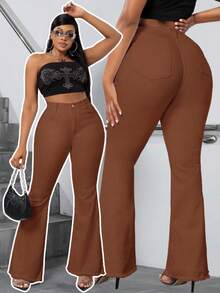 Slaydiva Plus Size Fashion Versatile Button Pocket Frayed Hem Flare Jeans - Brown - View 1