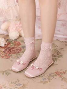 Dola Lovely Damen Rosa Satin Quadratische Zehen Schleife Blume Flache Schuhe, Sanft und Süß Vielseitig Temperament Slouchy Mules Schuhe, Modische Mules - Pink - Übersicht 4