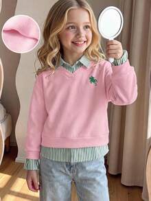 SHEIN Elladie kids 女童時尚簡約馬匹印花拼接撞色條紋印花翻領 2 合 1 設計長袖抓絨內裡衛衣上衣，柔軟面料，充滿活力與青春氣息，適合返校季、外出，秋冬穿著 - 彩色 - 查看 4