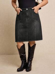 Elaquor Plus Size Fashion Versatile Button Pocket Denim Skirt Teacher For Women - Black - View 3