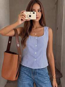 Teen Girls Casual Commute Fashion Elegant Square Neck Sleeveless Button Front Striped Pattern Versatile Spring Summer Blouse Shirt - Blue - View 1