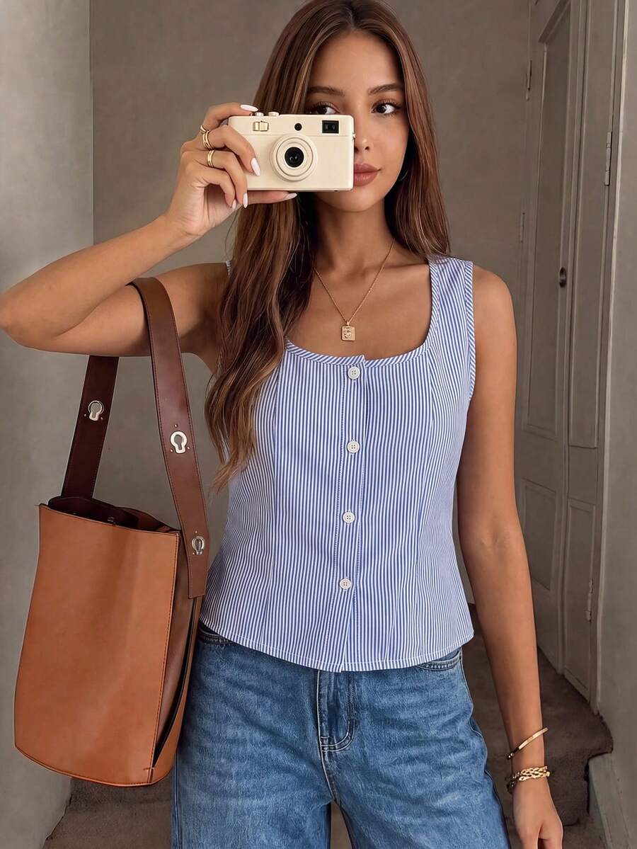 Teen Girls Casual Commute Fashion Elegant Square Neck Sleeveless Button Front Striped Pattern Versatile Spring Summer Blouse Shirt - Blue - View 1