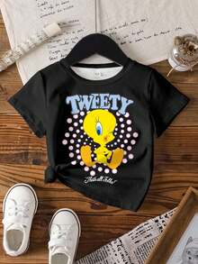 LOONEY TUNES X SHEIN 女童字母卡通印花休閒日常短袖T恤 - 白色 - 查看 7