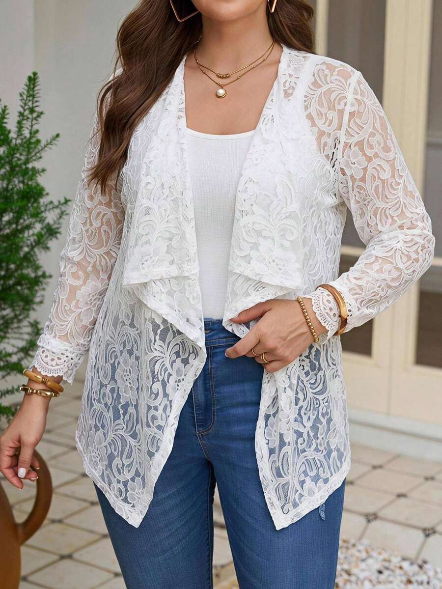 EMERY ROSE Plus Size Winter Fashion Irregular Collar Design Long Knit Cardigan For Going Out And Work Fall - White - View 1