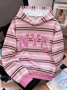 女童圓領粉色與棕色拼接字母NYC休閒日常返校抓絨內裡連帽衛衣，百搭校園風，適合春、秋、冬 - 彩色 - 查看 6