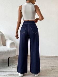 SHEIN PETITE 女款戶外時尚四季牛仔寬腿褲 - 深色水洗藍 - 查看 2
