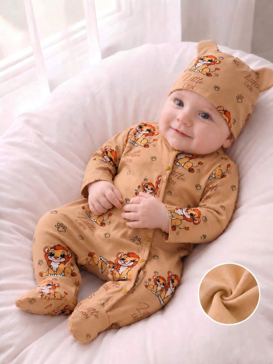 SHEIN 2pcs/Set Baby Boy & Girl Long Sleeve Cartoon Bear Print Romper, Suitable For Spring, Summer, Autumn, Winter, Daily Wear, Birthday Party, Photo Commemoration