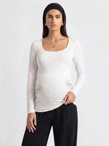 Modmama 2pcs Pregnant Women Skinny Long Sleeve Square Neck Casual T-Shirt Set, For Maternity Fall - Black and White - View 6