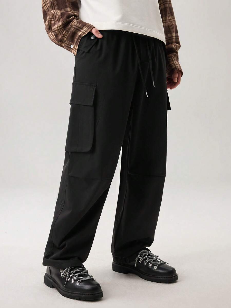 Men's Casual Solid Color Multi-Pocket Drawstring Waist Cargo Pants, For Fall Wide Leg - Black - View 1