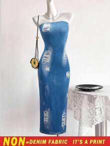 Blue Printed Strapless Dress With Scattered White Distressed Texture Print, Fitted Bodice, Unique Eye-Catching Style, Perfect For Daily Wear, Dates, Shopping, Back To School, 1 Random Piece - Blue - View 2