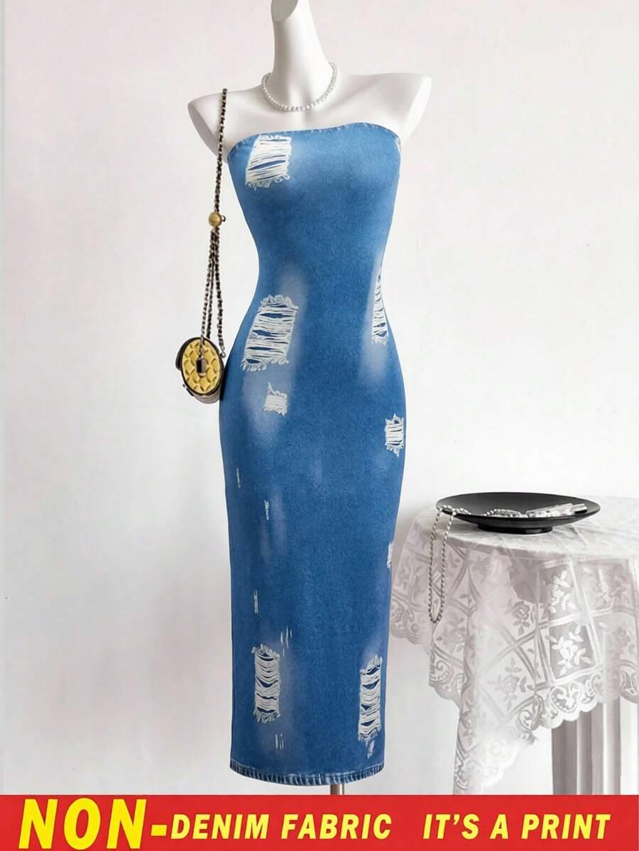 Blue Printed Strapless Dress With Scattered White Distressed Texture Print, Fitted Bodice, Unique Eye-Catching Style, Perfect For Daily Wear, Dates, Shopping, Back To School, 1 Random Piece