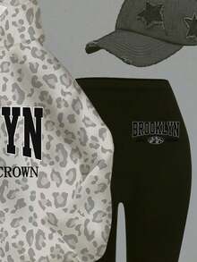 SHEIN Girlism 青少年女孩休閒極簡 BROOKLYN 熱銷豹紋時尚龐克寬鬆套頭連帽衛衣與緊身褲 2 件套，舒適長袖，適合秋冬，溫馨秋季與冬季風格，返校穿搭，街頭風，新款 - 彩色 - 查看 4