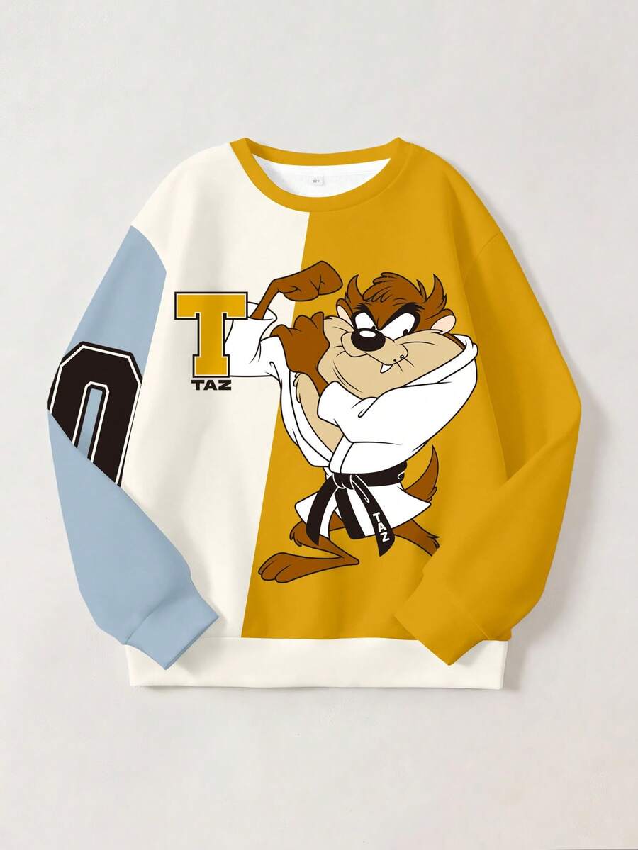 LOONEY TUNES X SHEIN 青少年男孩卡通印花拼色圓領長袖運動衫 - 白色 - 查看 1