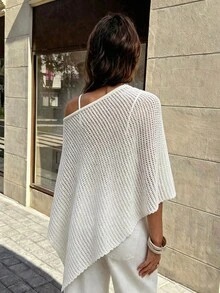 Franclia Solid Color Hollow Knit Asymmetrical Hem Sweater - White - View 2