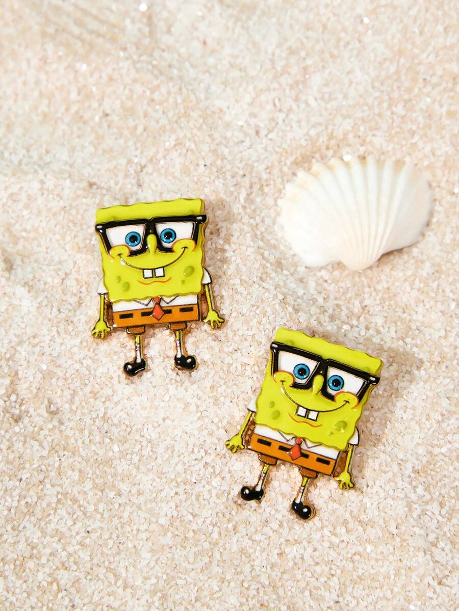 SpongeBob SquarePants | SHEIN A Pair Of New Creative Cartoon Pattern Printed Stud Earrings, Cute Casual Is Suitable For Various Parties, Concerts, Festivals, And Exquisite Gifts - Yellow - View 1