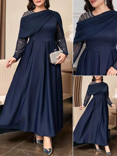Reflora Vestido de fiesta formal para mujer talla grande con decoración de perlas falsas, plisado, casual elegante, estilo tradicional flapper de los años 20, para madre de la novia, boda, azul marino, otoño