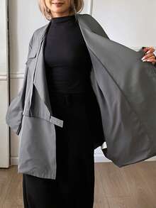 DAZY Jaket Trench Coat Kasual Urban Lengan Panjang Longgar Berkerah untuk Wanita, Musim Gugur - Dark Grey - View 4