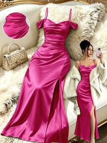 Elenzga Vestido largo elegante para mujer de unicolor con hombros descubiertos, fruncido y abertura lateral en el bajo - Rosa Fucsia - Ver 4