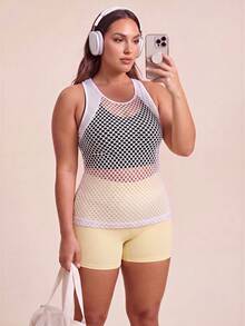 SHEIN Rhythm Era Kaos Olahraga Kasual Wanita Ukuran Besar Warna Polos Berongga untuk Pemakaian Sehari-hari - Putih - View 6