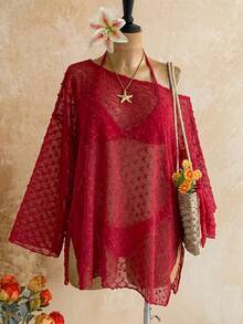 Soleia Long Sleeve Asymmetrical Shoulder Knit Jacquard Loose Fit Split Hem Top - Red - View 1