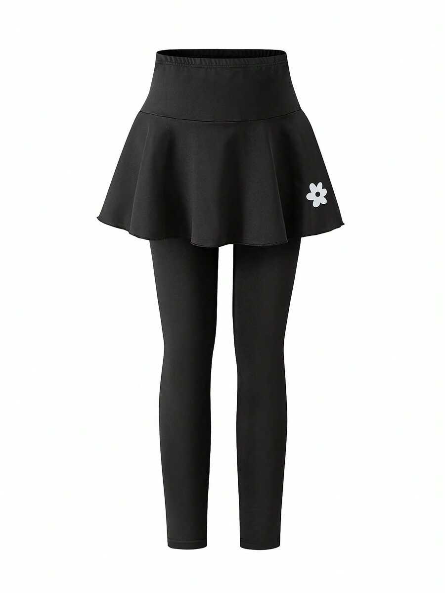 SHEIN 少女緊身褲,休閒優雅 2 合 1 蝴蝶結圖案裙褲,適合春、秋、夏季穿著,完美適合作為外出穿搭 - 黑色 - 查看 1