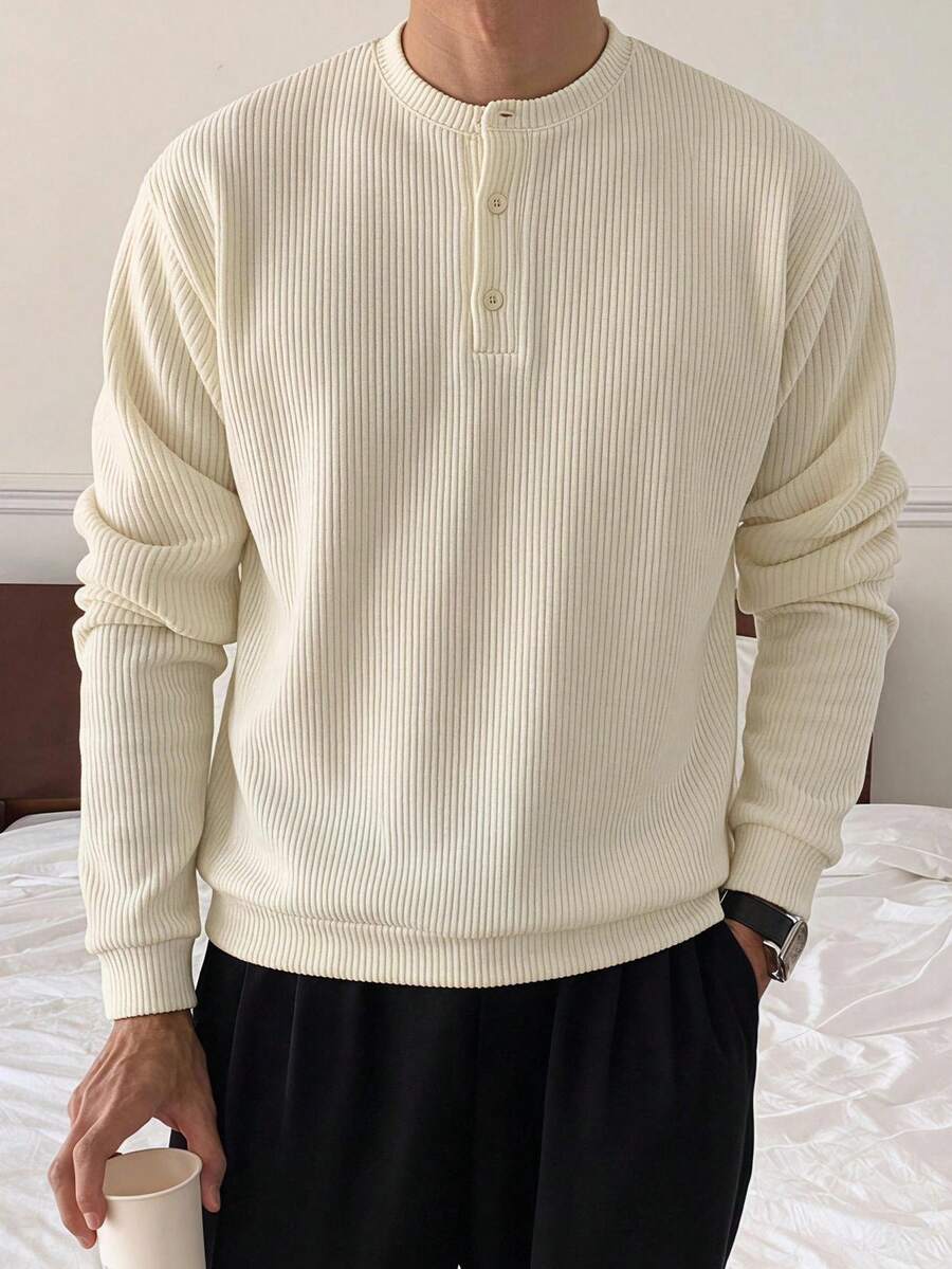 DAZY Spring/Autumn Long Sleeve Crew Neck Half-Zip Beige Ribbed Knit Fabric Men's Sweatshirt - White - View 1