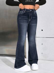 SHEIN Quần jeans ống loe phong cách Y2K cho bé gái tuổi teen, họa tiết ngôi sao đính đá, thích hợp cho mùa thu tựu trường. - Rửa tối - Xem 2