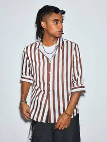 Modcrash Mens Striped Button Down Shirt, Long Sleeve Lightweight Breathable Casual Shirt For Spring Summer - Brown - View 1