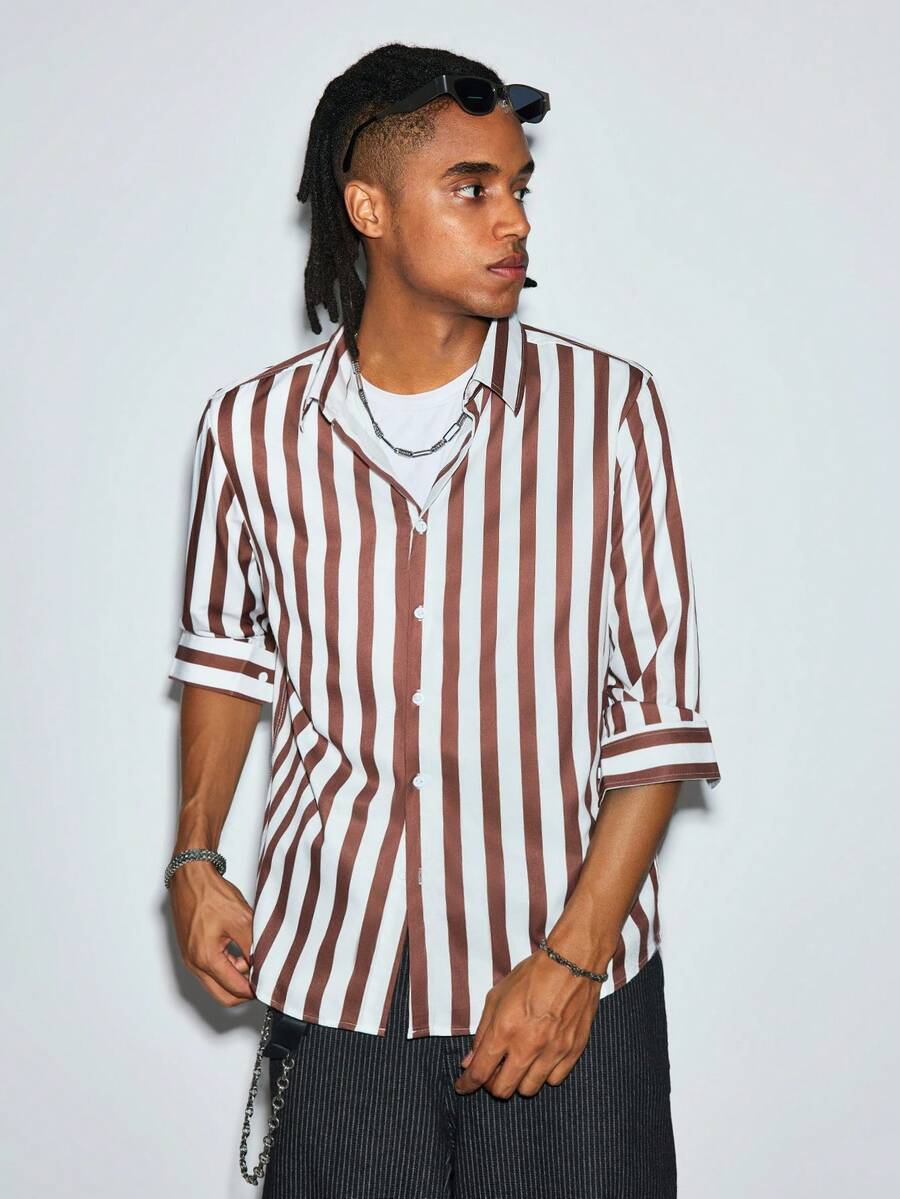 Modcrash Mens Striped Button Down Shirt, Long Sleeve Lightweight Breathable Casual Shirt For Spring Summer - Brown - View 1