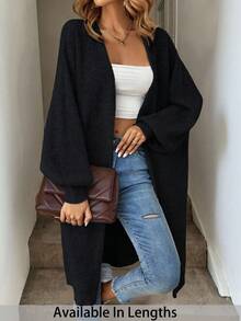 SHEIN CURVE+ Plus Size Dropped Shoulder Ribbed Knit Long Cardigan, Long Sleeve Top, Women's Plus Size Long Cardigan, Slim Fit, Autumn/Winter Essential - Black - View 3